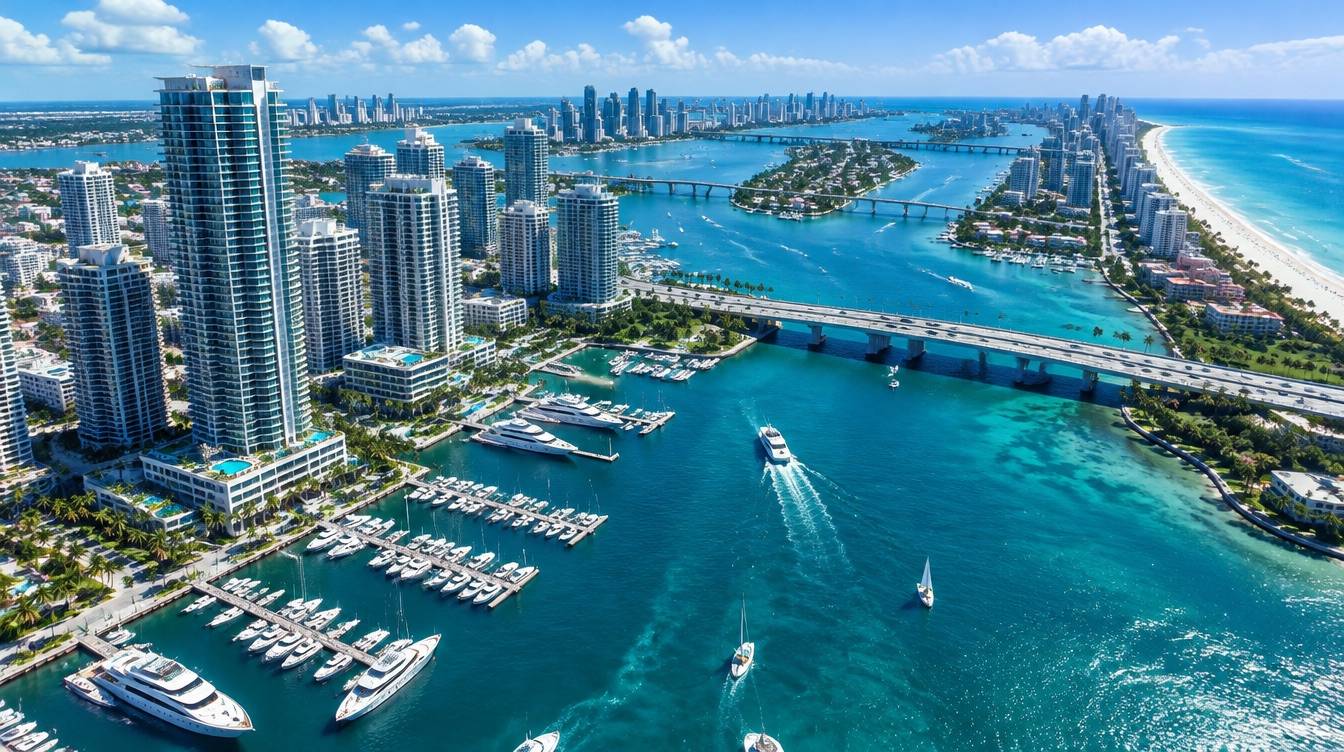 Aerial view of a sunny coastal city with marinas